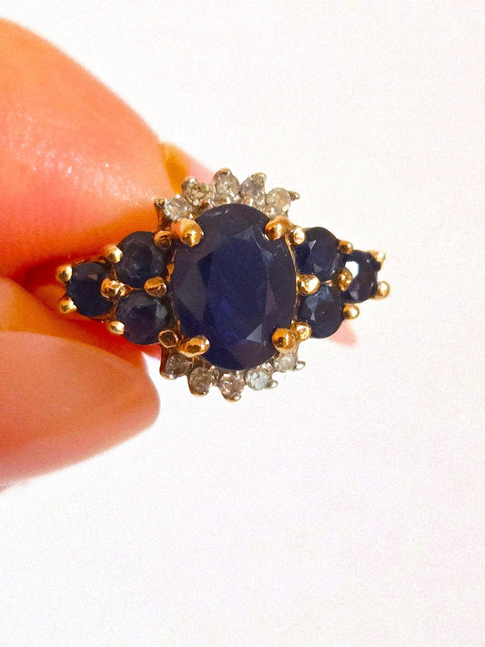Vintage 10k Gold Blue Sapphire & Diamond Pinky Ring - Size 3.25