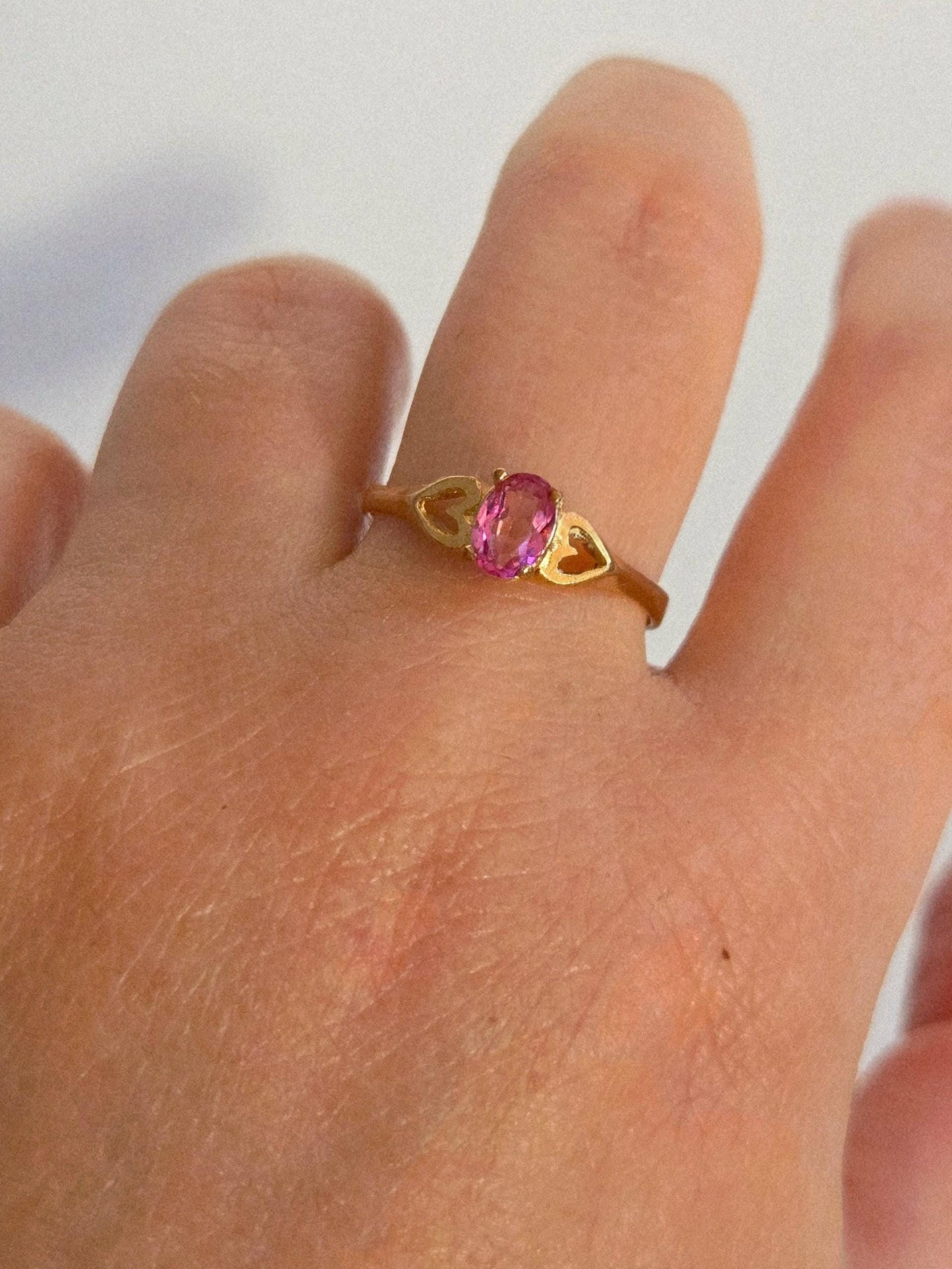 10k Gold Pink Gemstone Ring with Heart Accent - Size 7.75