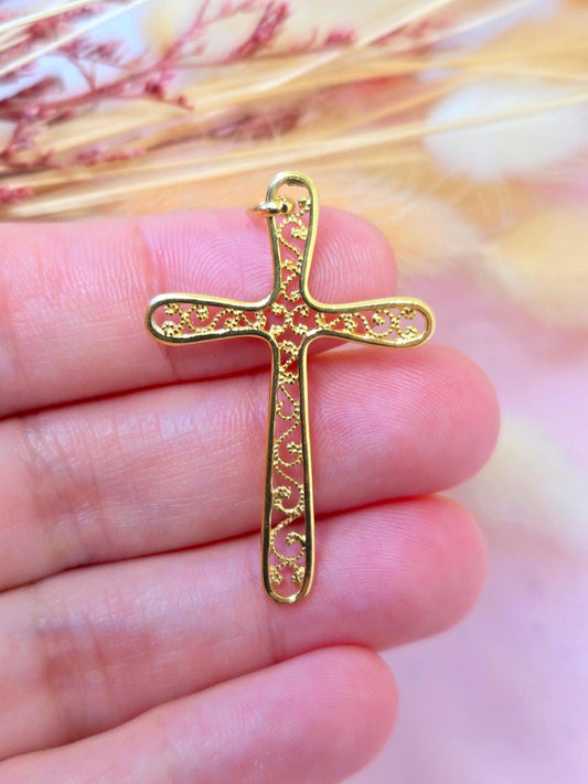 Vintage 10k Gold Filigree Cross Pendant Charm - Italian Hallmarks Unoaerre