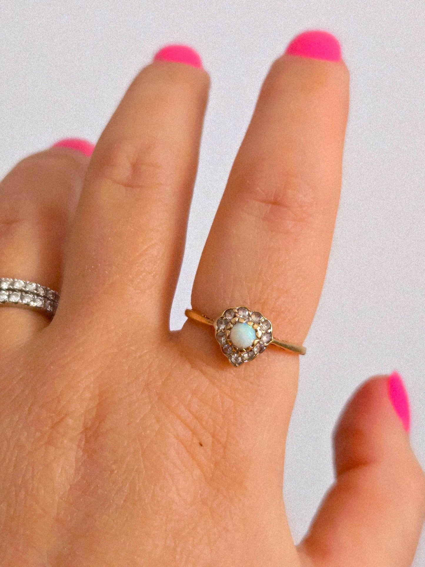 Antique 1893 9k Gold Victorian Opal & Diamond Heart Shaped Ring - Size 7.5, British Hallmarks