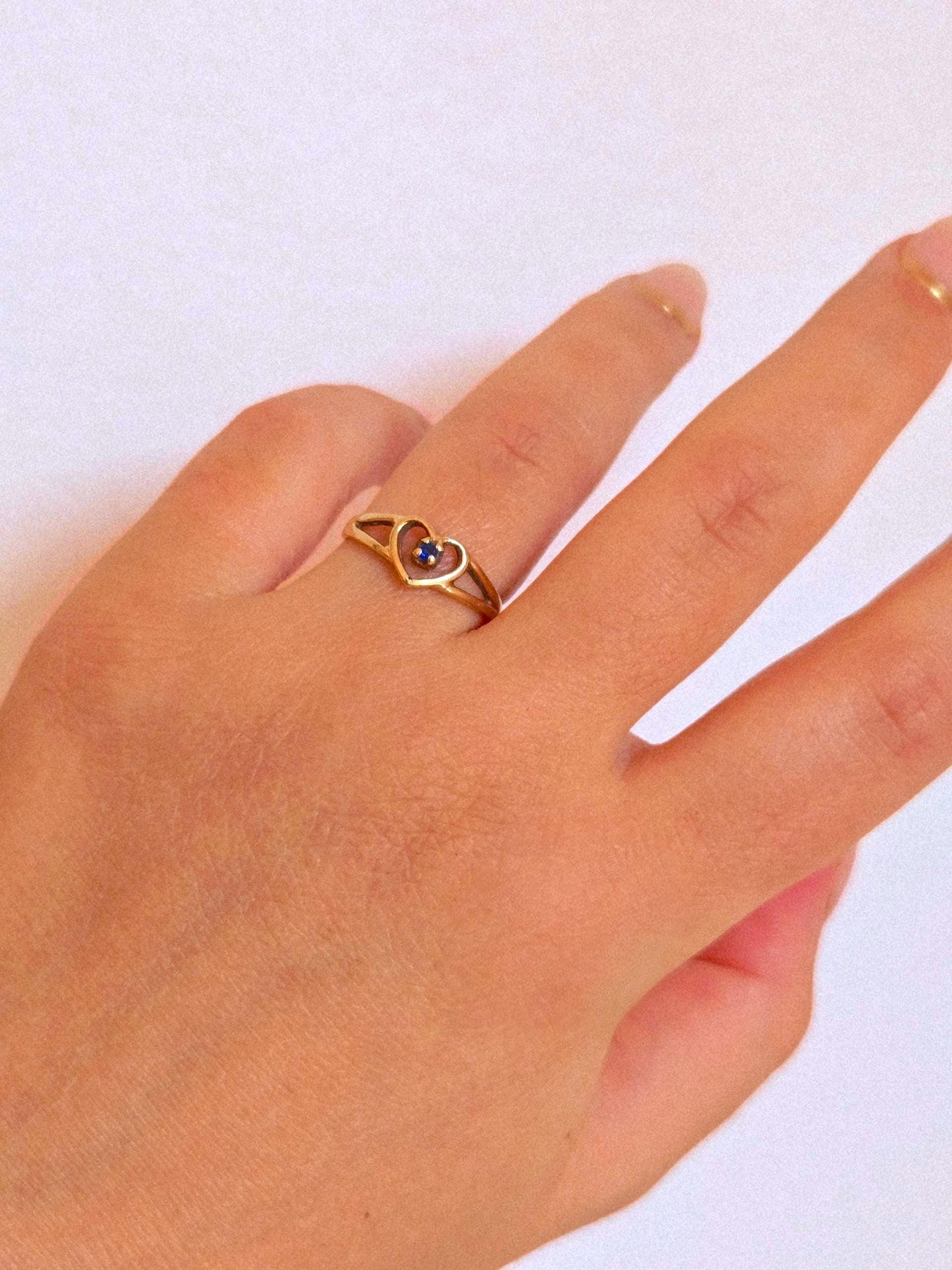 Vintage 10k Gold Heart Ring with Blue Sapphire - Size 5.5