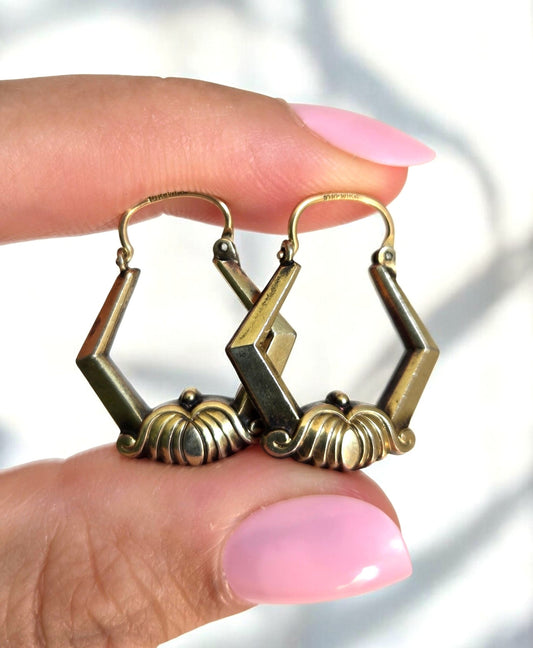 Vintage Art Deco Brass Hoop Earrings - 10k Gold Wire