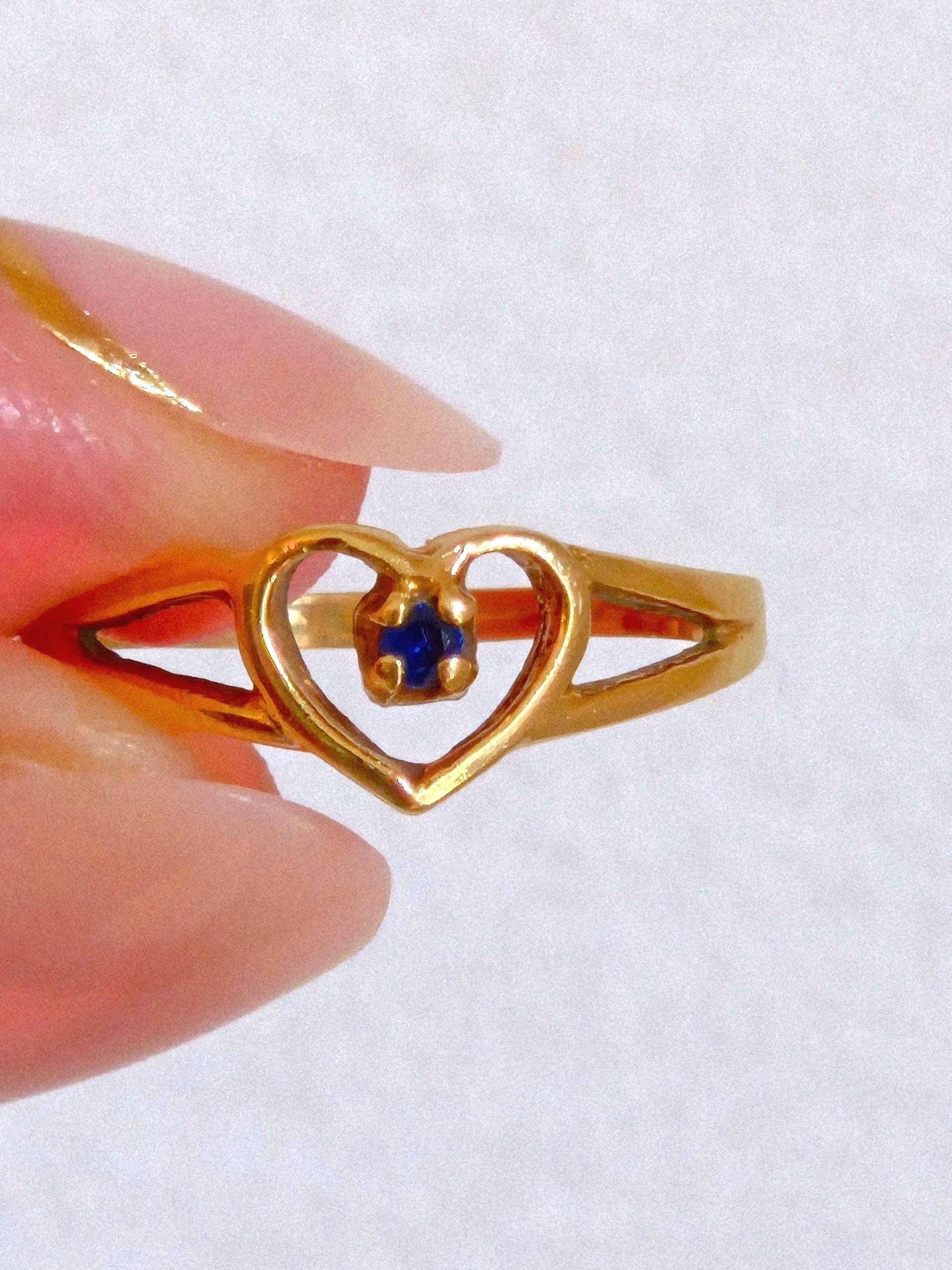 Vintage 10k Gold Heart Ring with Blue Sapphire - Size 5.5