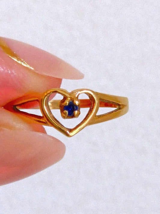Vintage 10k Gold Heart Ring with Blue Sapphire - Size 5.5
