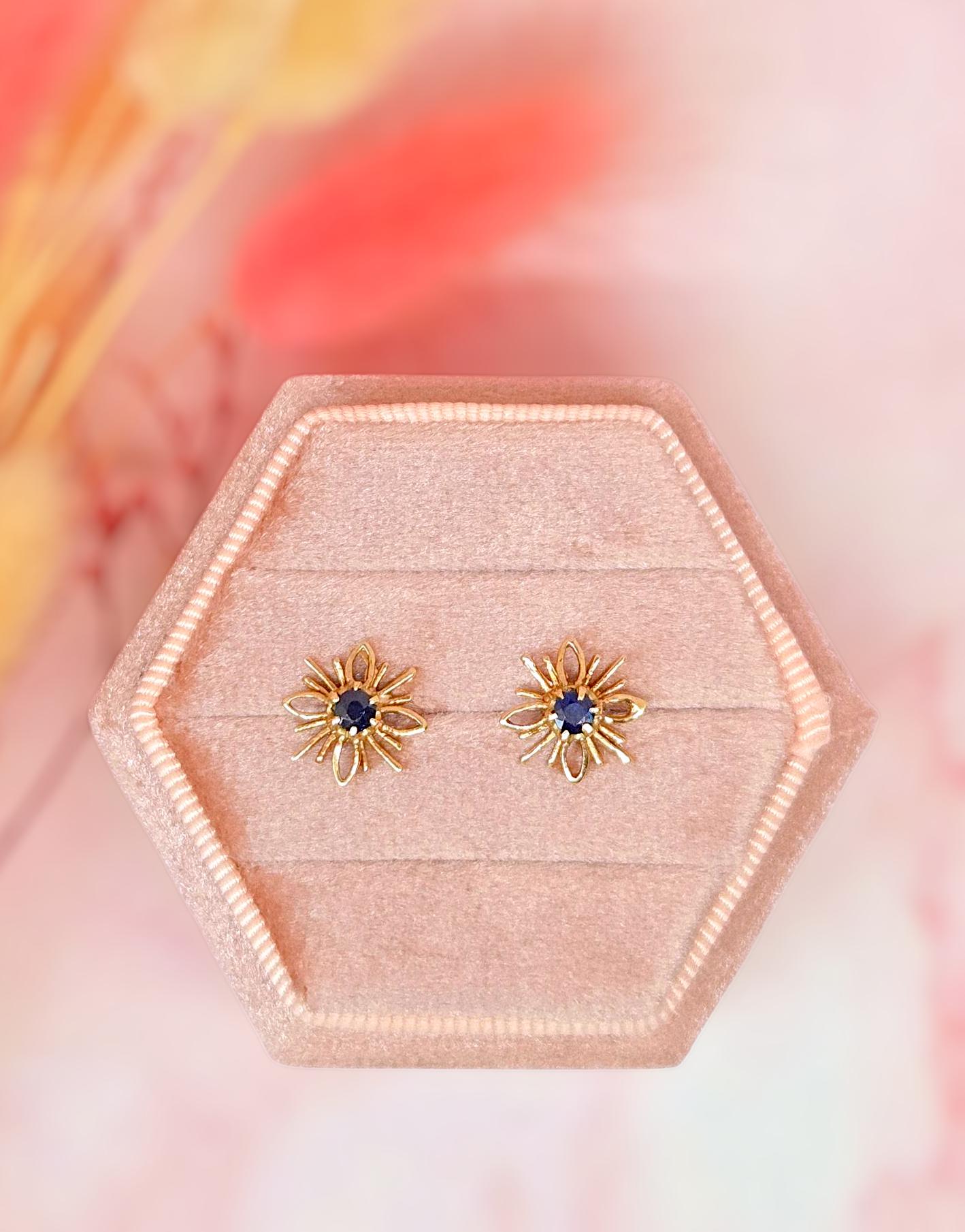 Vintage 10k Gold 1960s Sapphire Starburst Stud Earrings