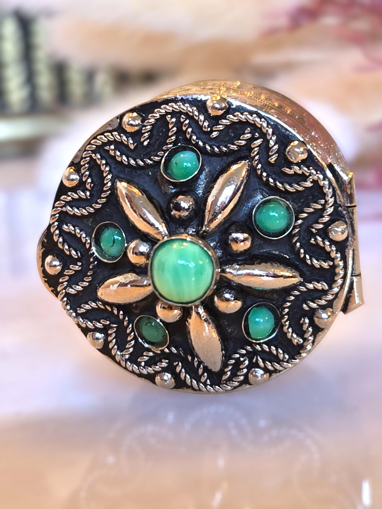 Vintage Italian Green Gemstone Silver Trinket Box - Keepsake Jewelry Box