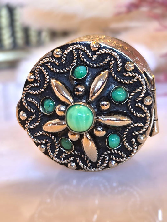 Vintage Italian Green Gemstone Silver Trinket Box - Keepsake Jewelry Box