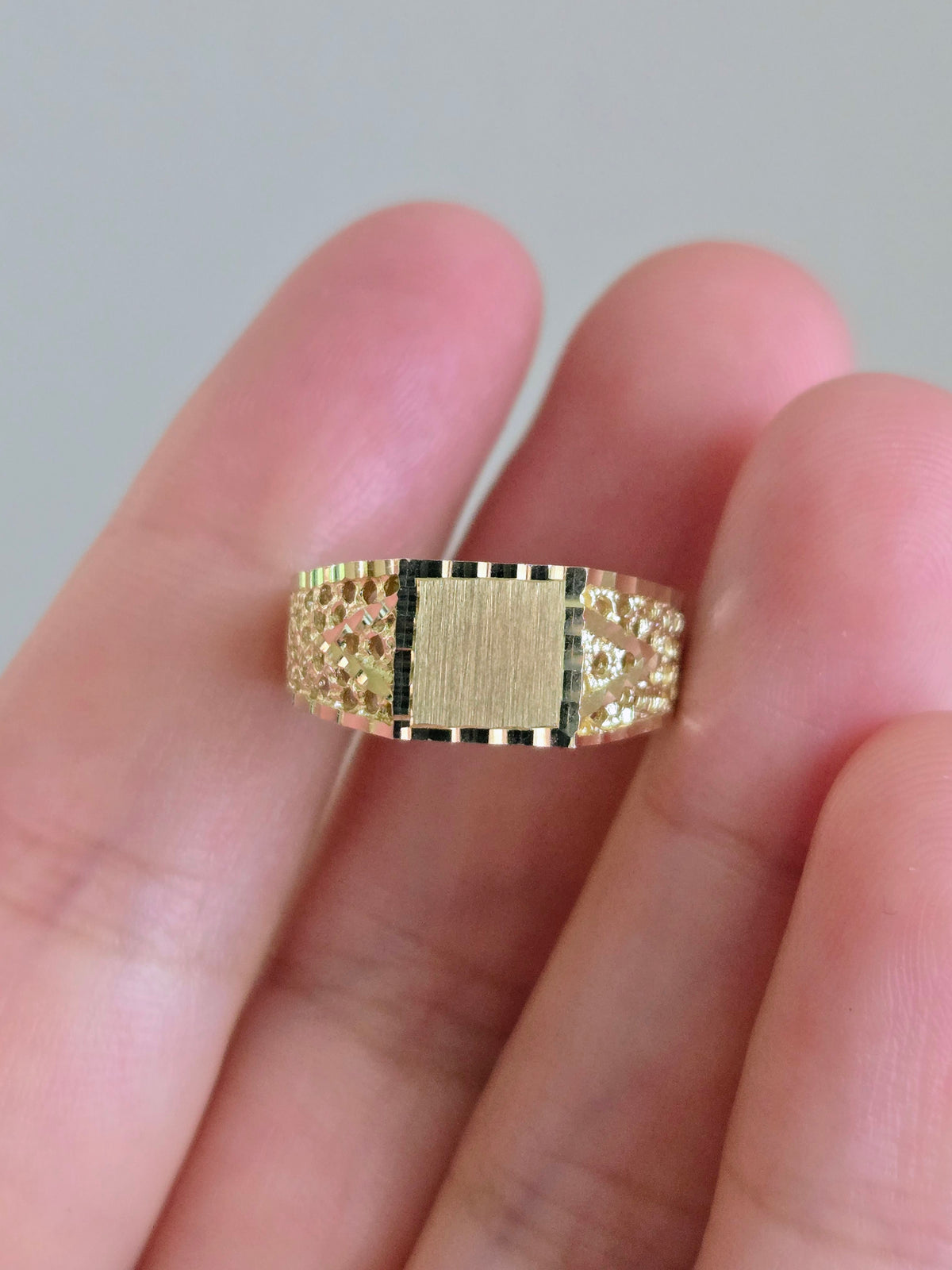 Bague chevalière carrée vintage en or 10 carats - Taille 6, gravable