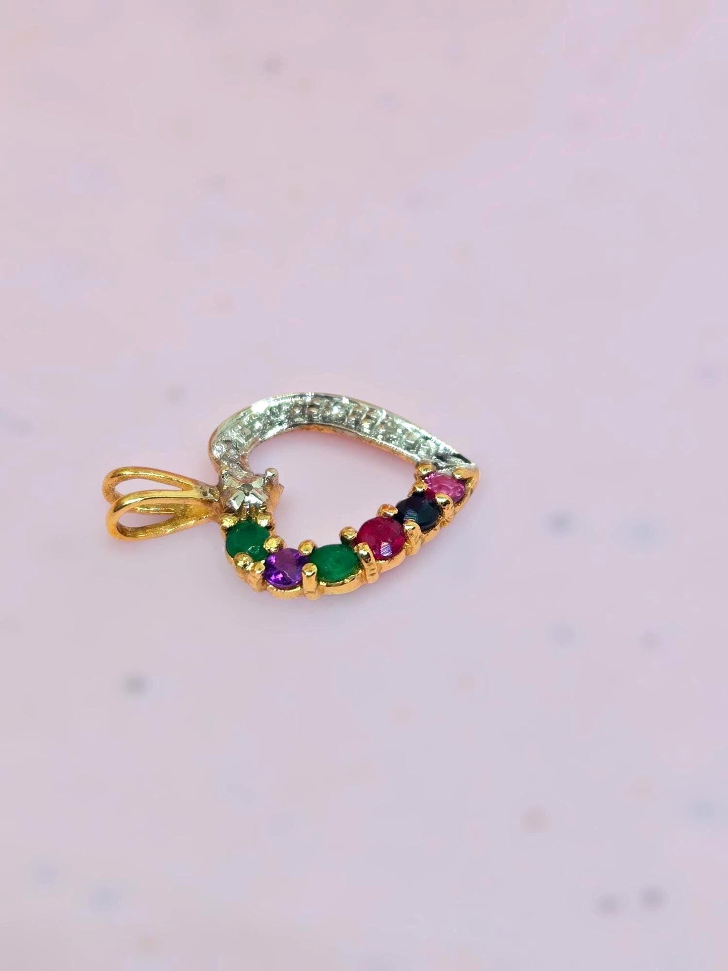 Vintage 10k Gold Heart Pendant Charm with Multi-Colored Stones & Diamonds