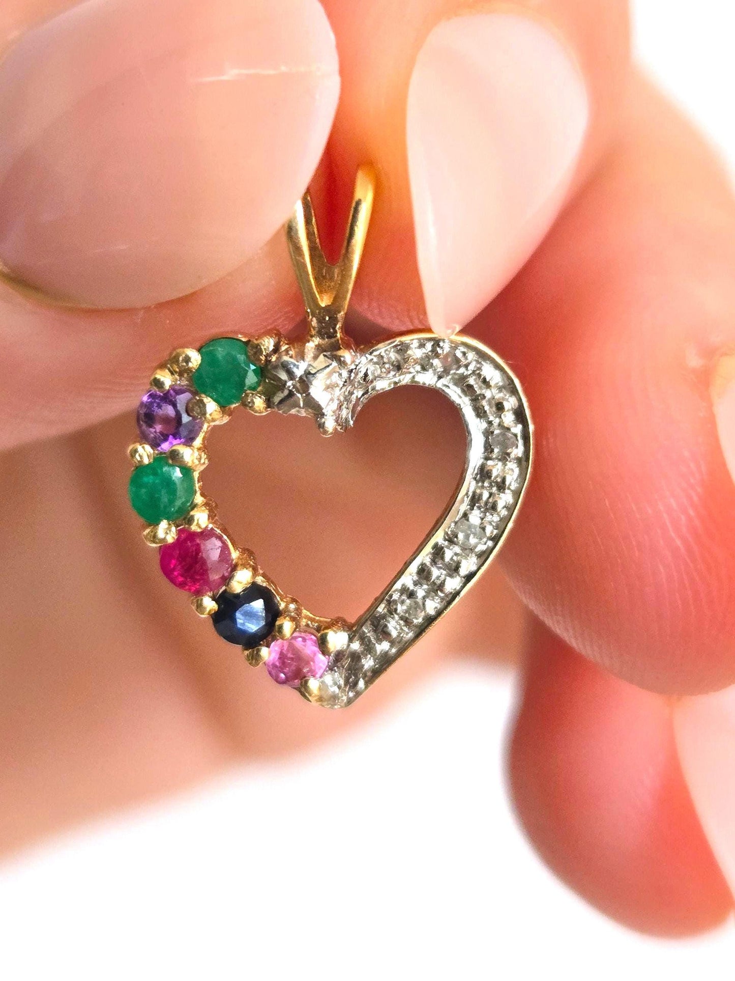 Vintage 10k Gold Heart Pendant Charm with Multi-Colored Stones & Diamonds
