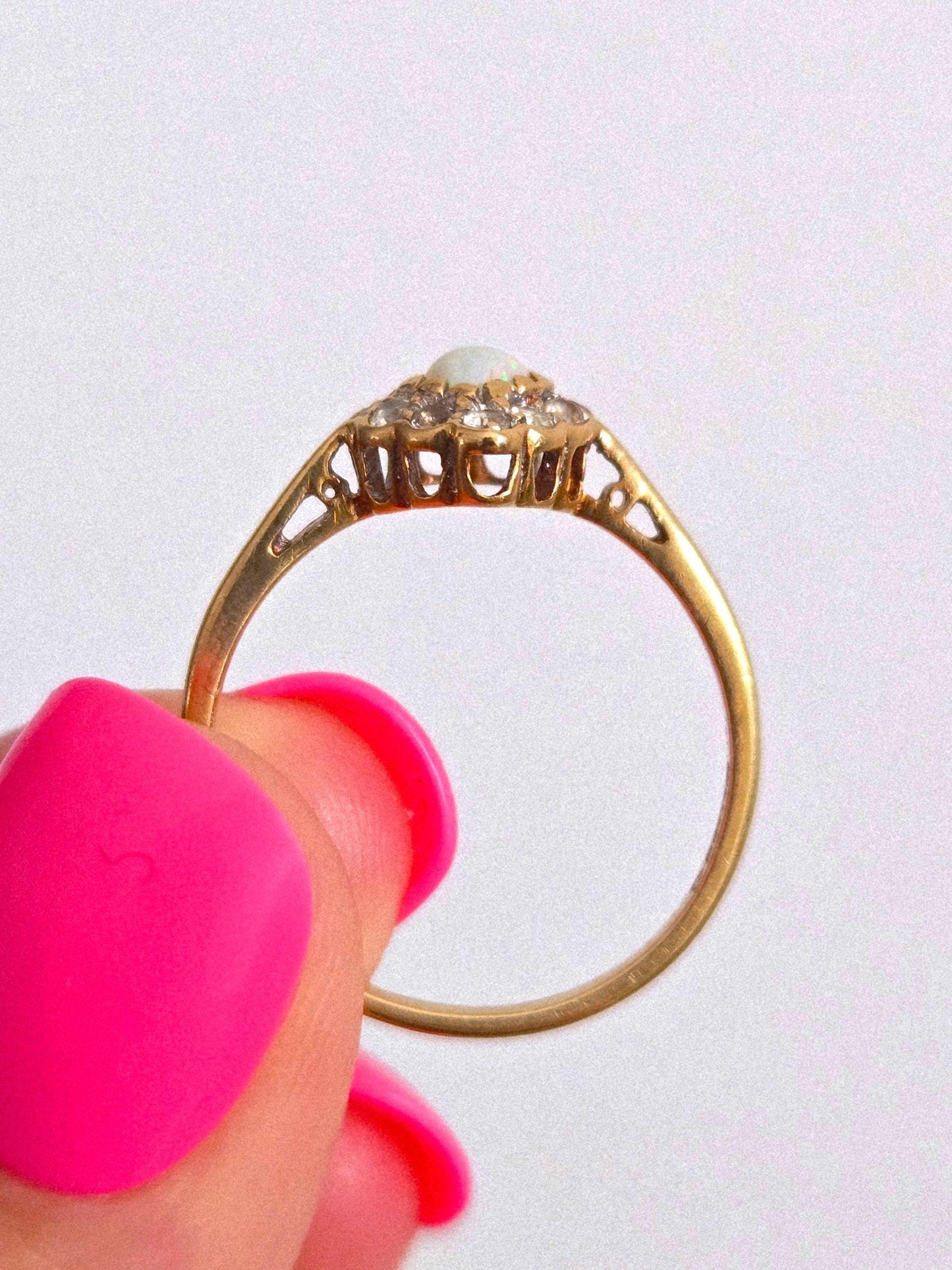 Antique 1893 9k Gold Victorian Opal & Diamond Heart Shaped Ring - Size 7.5, British Hallmarks