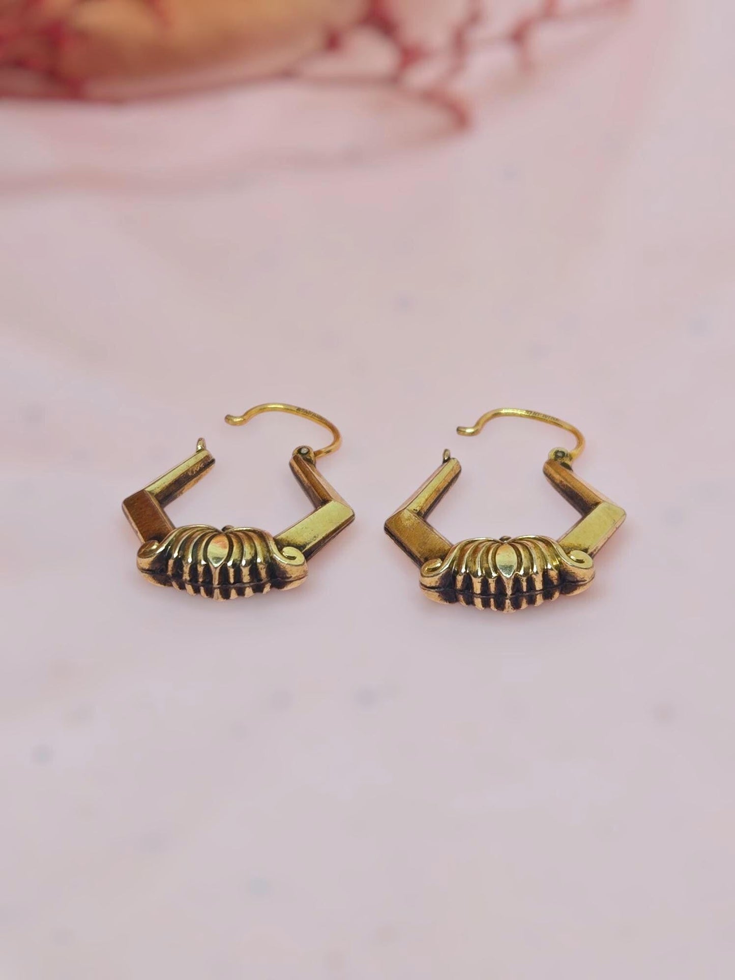 Vintage Art Deco Brass Hoop Earrings - 10k Gold Wire