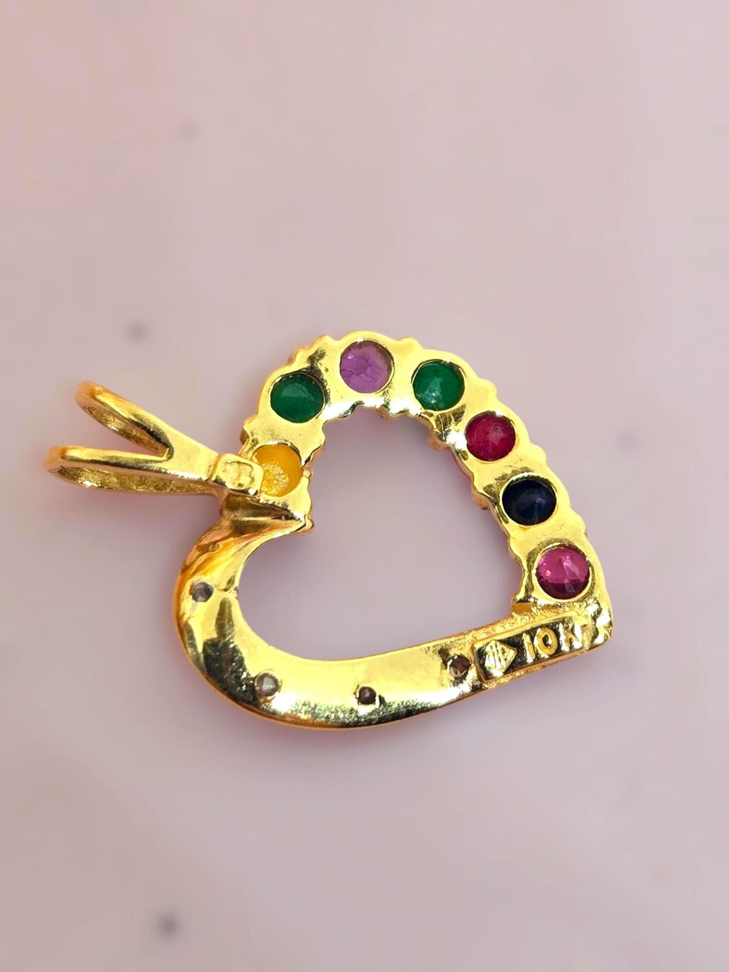 Vintage 10k Gold Heart Pendant Charm with Multi-Colored Stones & Diamonds