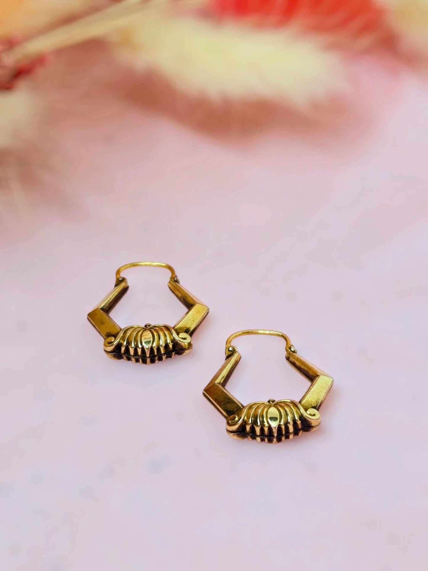 Vintage Art Deco Brass Hoop Earrings - 10k Gold Wire
