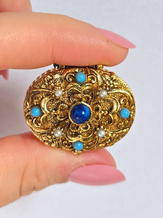 Vintage Ornate Brass Cabochon Trinket Box - Keepsake Jewelry Box