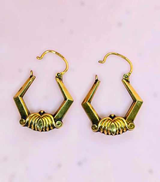 Vintage Art Deco Brass Hoop Earrings - 10k Gold Wire