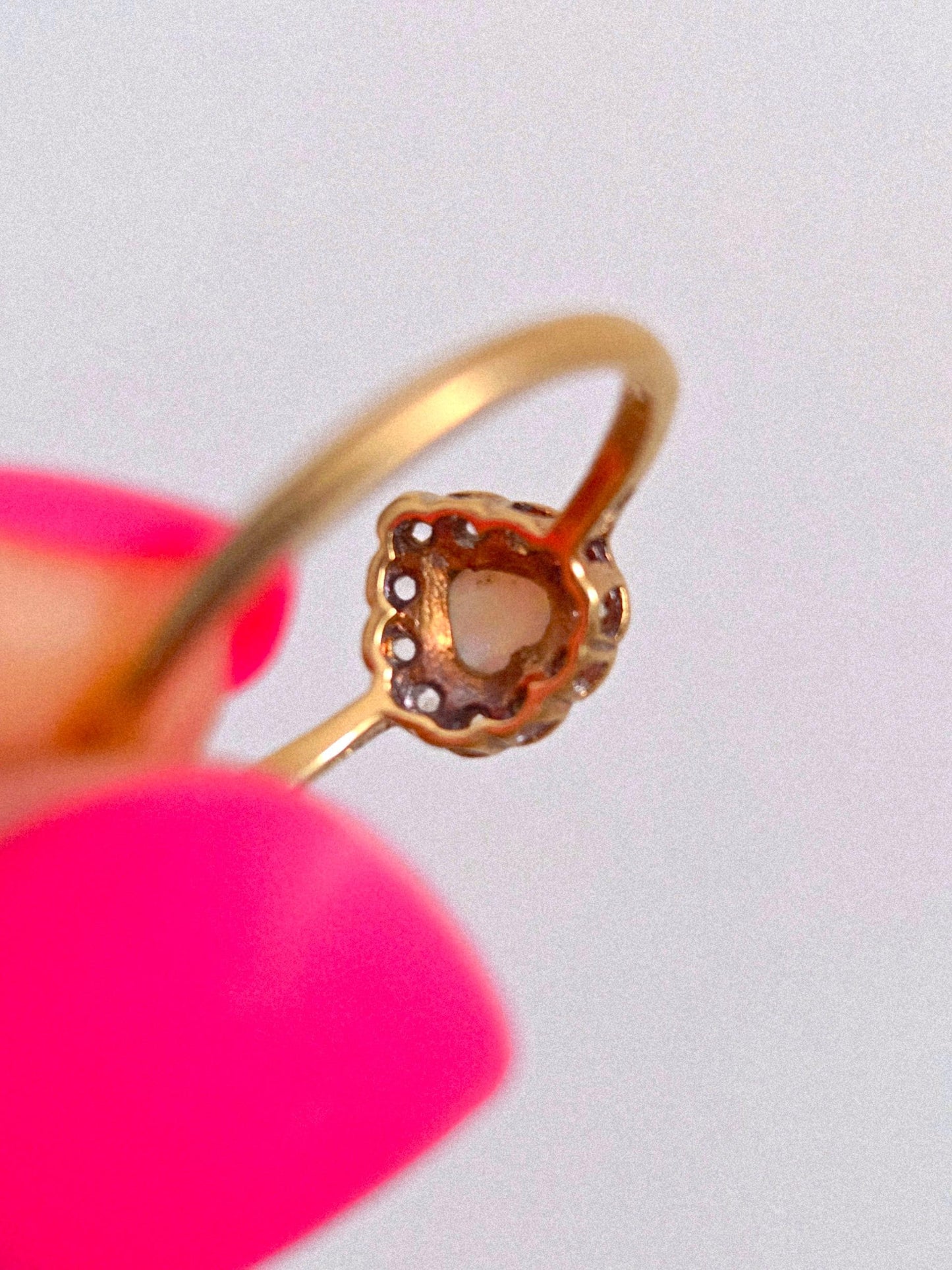 Antique 1893 9k Gold Victorian Opal & Diamond Heart Shaped Ring - Size 7.5, British Hallmarks