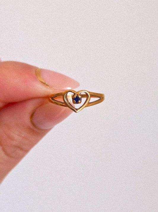 Vintage 10k Gold Heart Ring with Blue Sapphire - Size 5.5