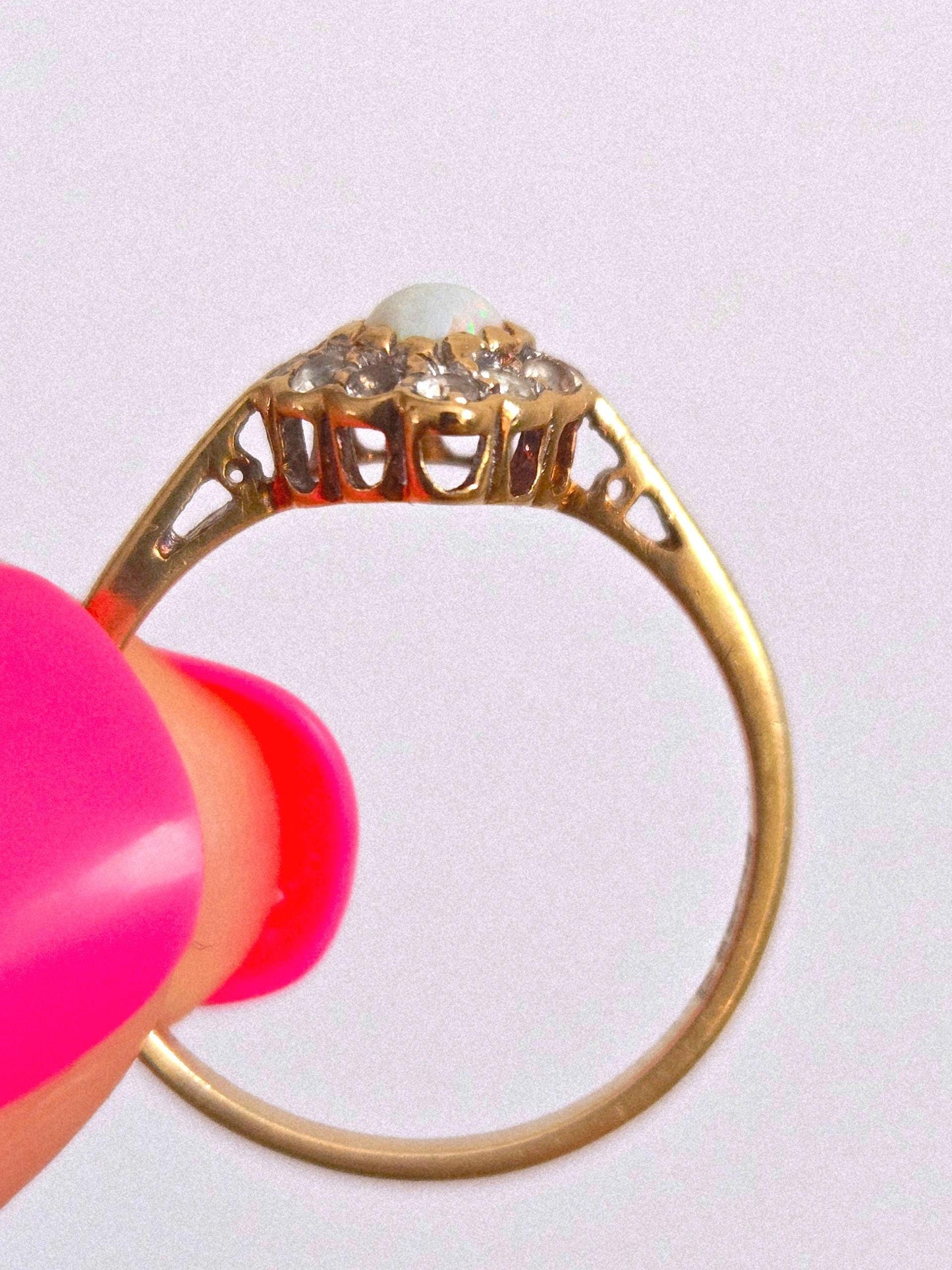 Antique 1893 9k Gold Victorian Opal & Diamond Heart Shaped Ring - Size 7.5, British Hallmarks