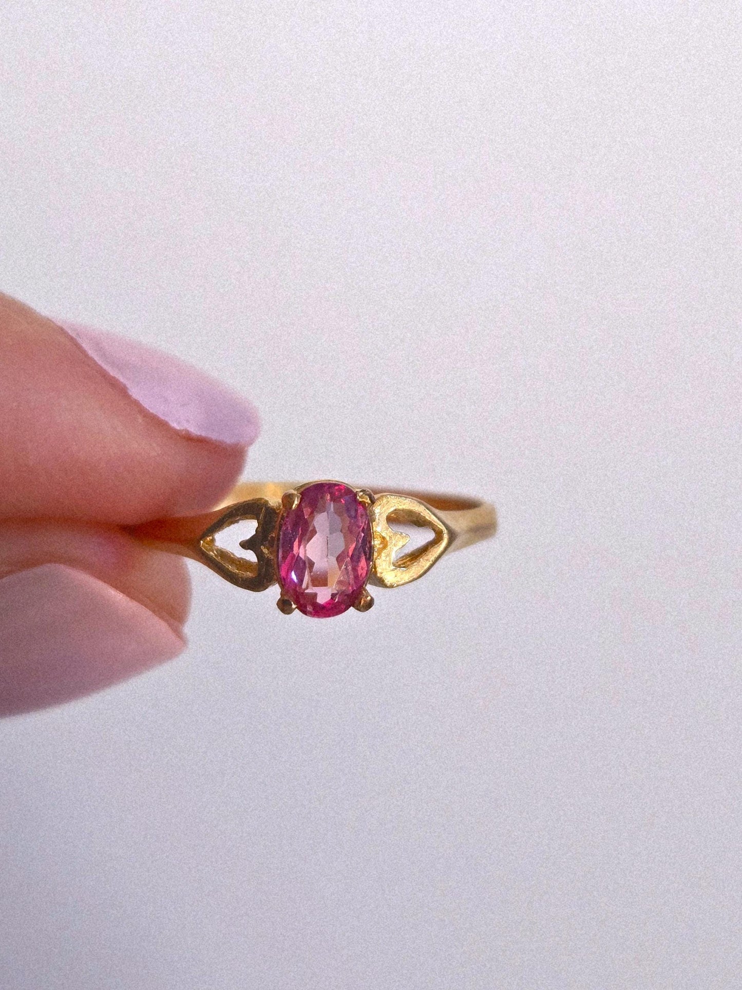 10k Gold Pink Gemstone Ring with Heart Accent - Size 7.75