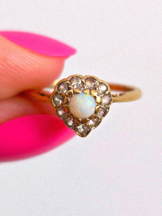 Antique 1893 9k Gold Victorian Opal & Diamond Heart Shaped Ring - Size 7.5, British Hallmarks