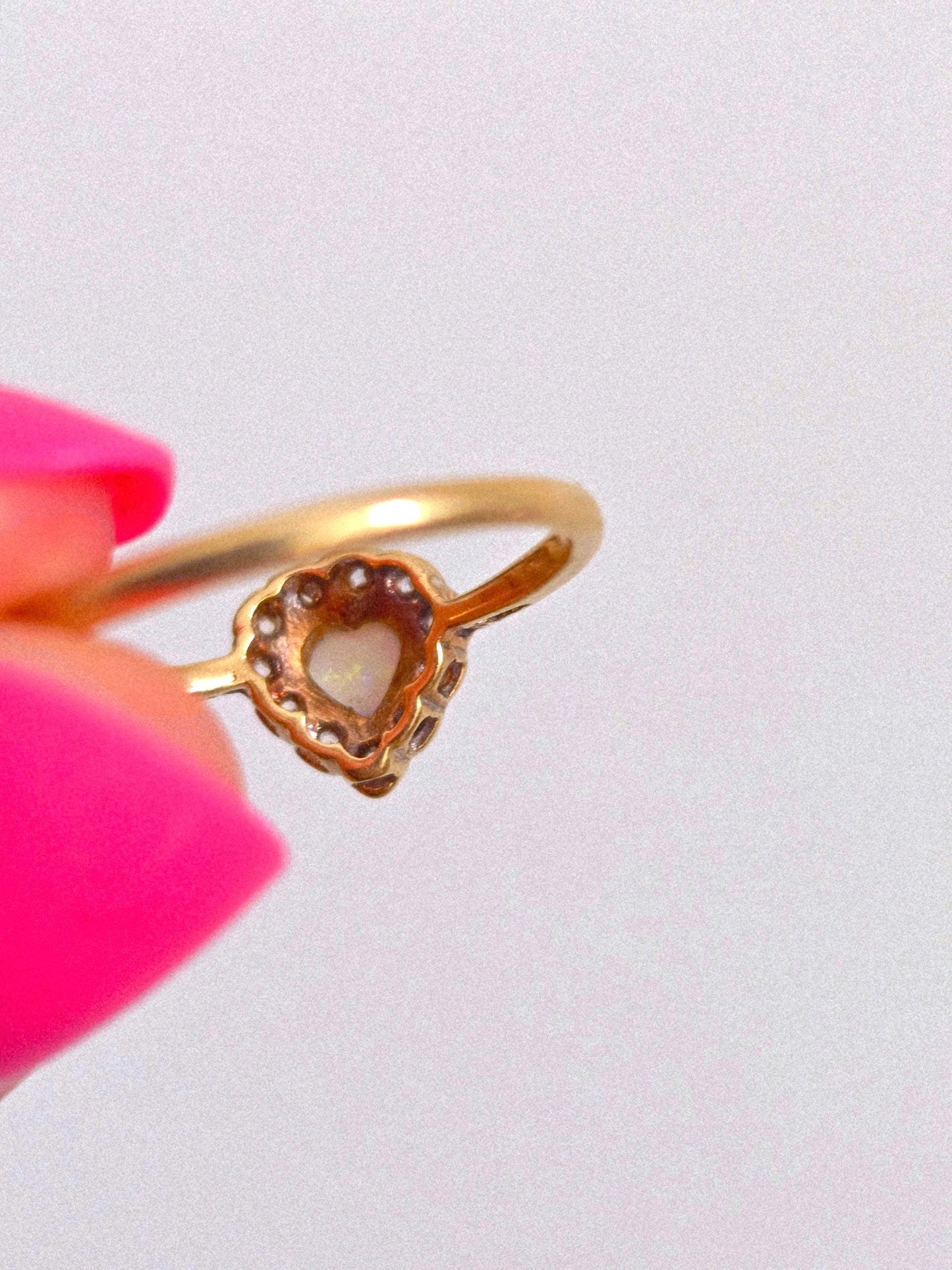 Antique 1893 9k Gold Victorian Opal & Diamond Heart Shaped Ring - Size 7.5, British Hallmarks