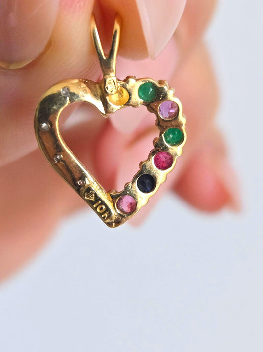 Vintage 10k Gold Heart Pendant Charm with Multi-Colored Stones & Diamonds