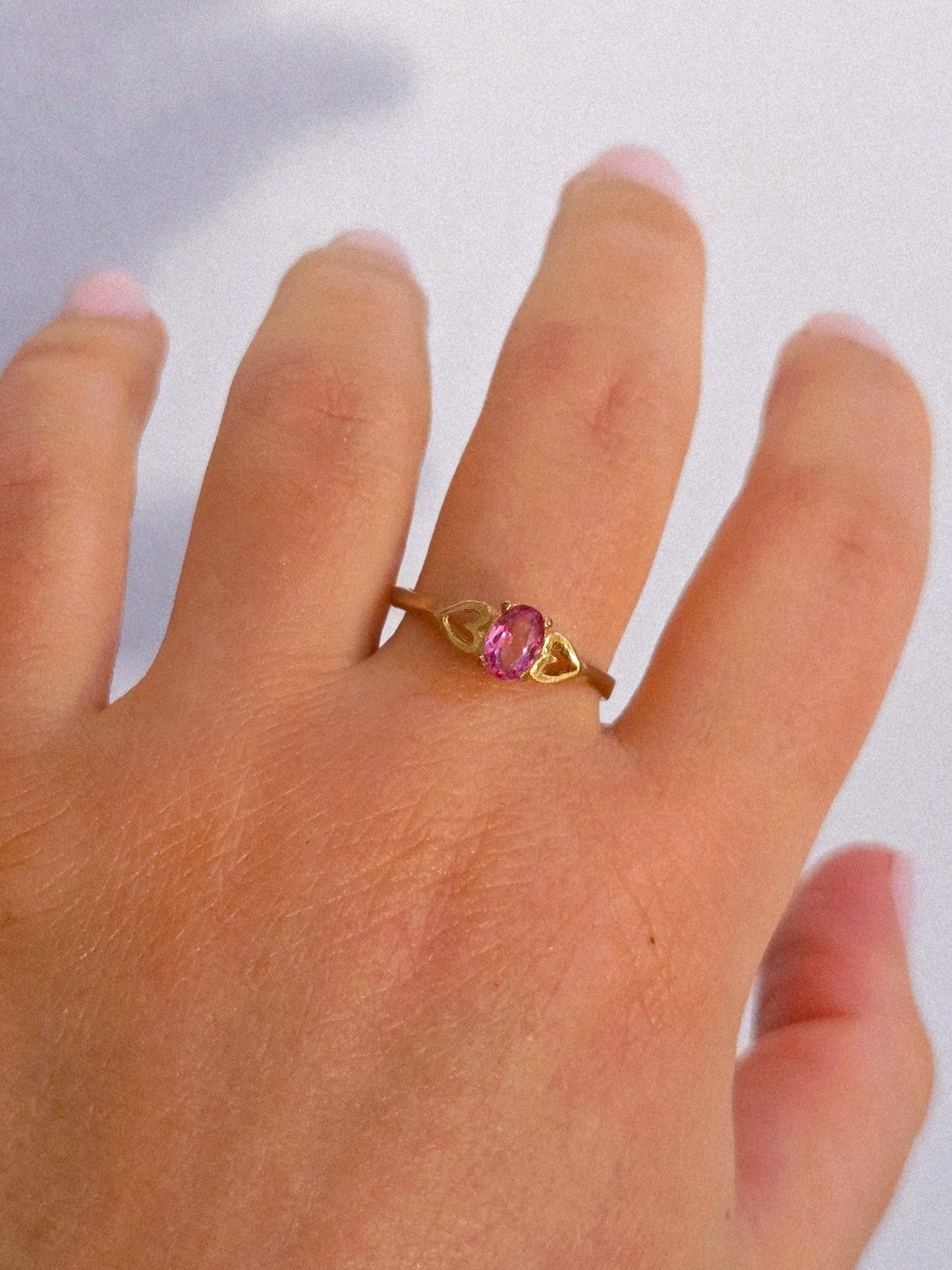 10k Gold Pink Gemstone Ring with Heart Accent - Size 7.75