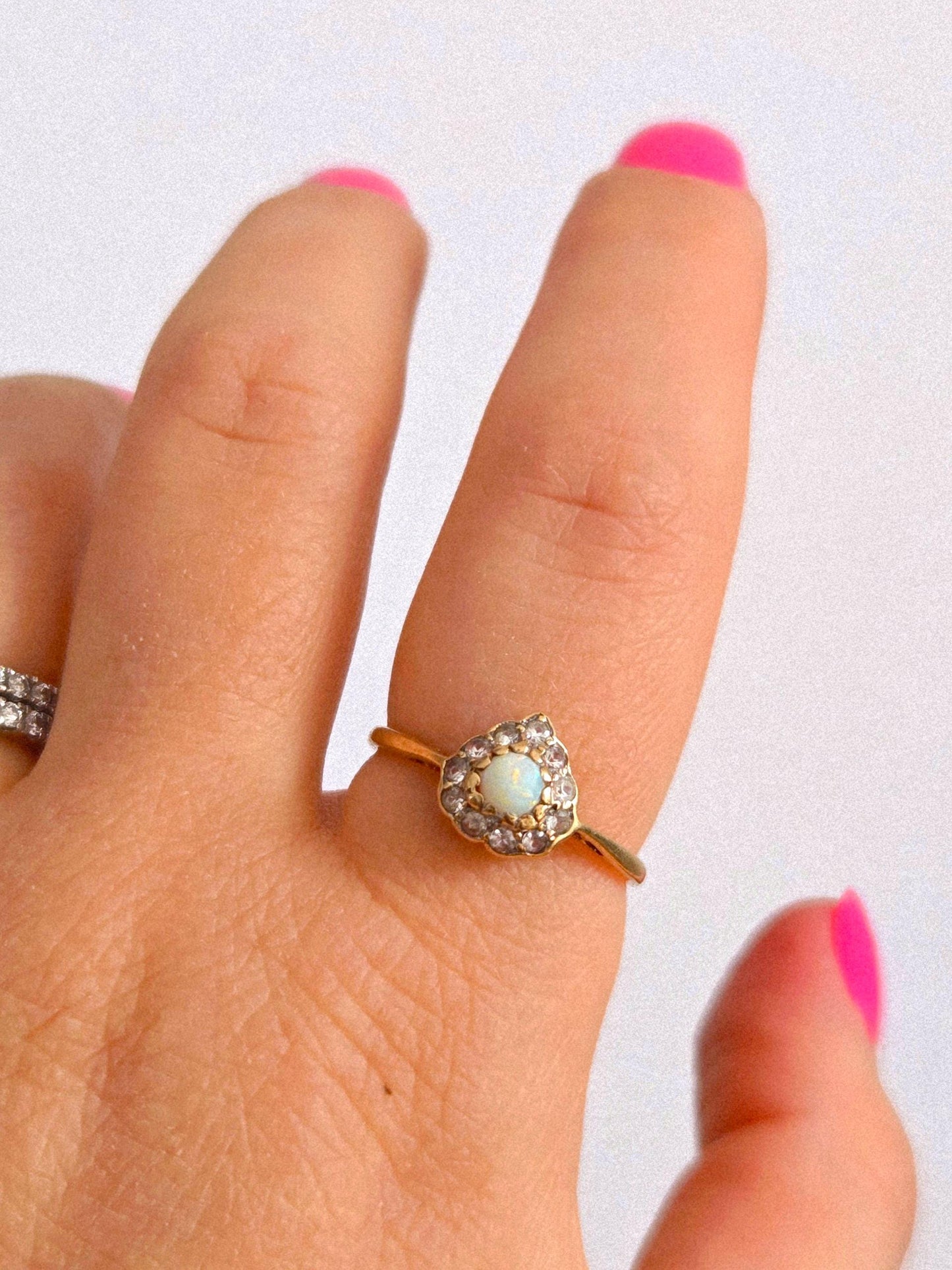 Antique 1893 9k Gold Victorian Opal & Diamond Heart Shaped Ring - Size 7.5, British Hallmarks