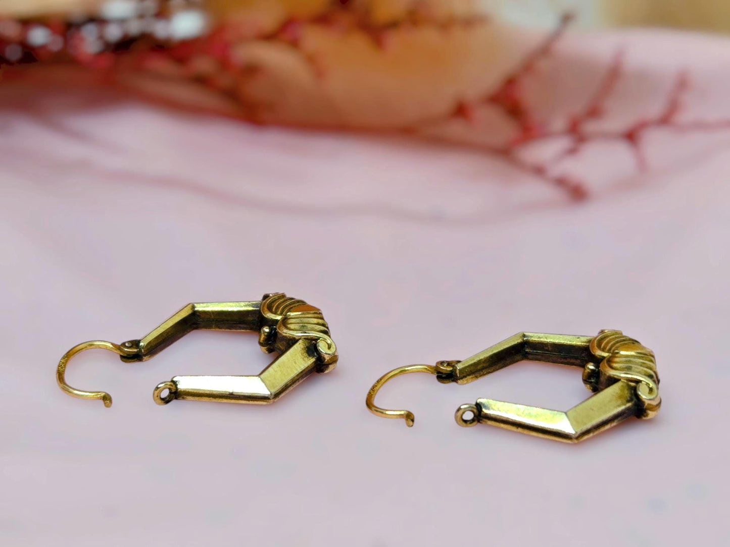 Vintage Art Deco Brass Hoop Earrings - 10k Gold Wire