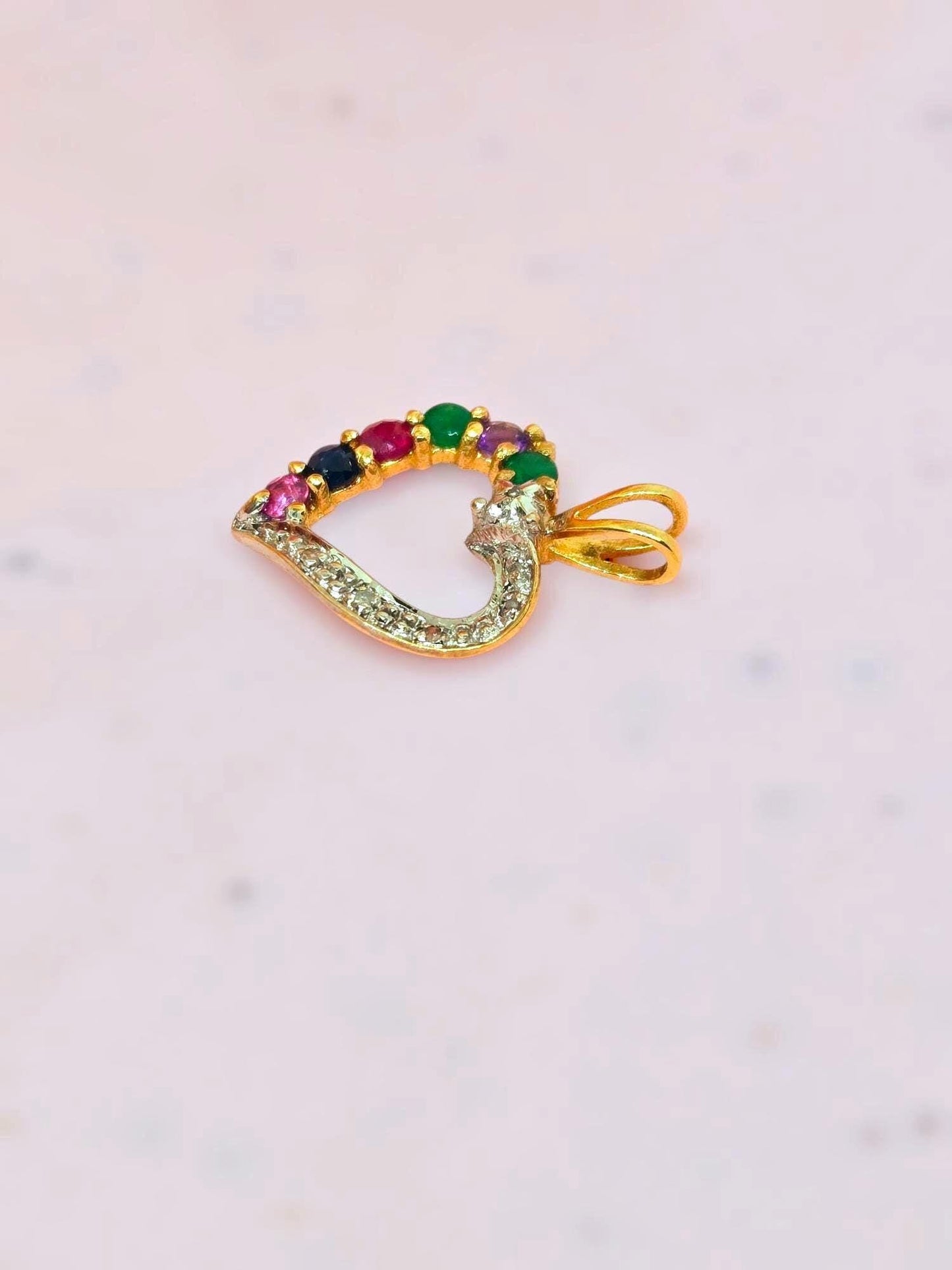 Vintage 10k Gold Heart Pendant Charm with Multi-Colored Stones & Diamonds