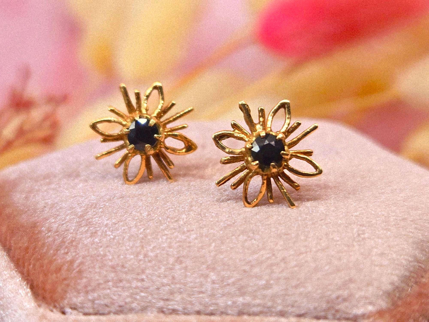 Vintage 10k Gold 1960s Sapphire Starburst Stud Earrings