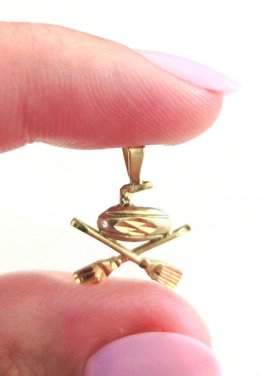 Vintage 10K Gold Curling Charm Pendant - Winter Sport Jewelry