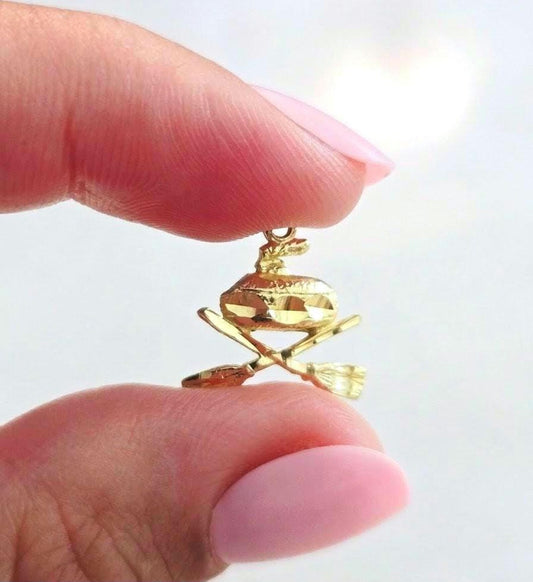 Vintage 10K Gold Curling Charm Pendant - Winter Sports Jewelry
