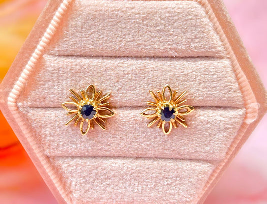 Vintage 10k Gold 1960s Sapphire Starburst Stud Earrings