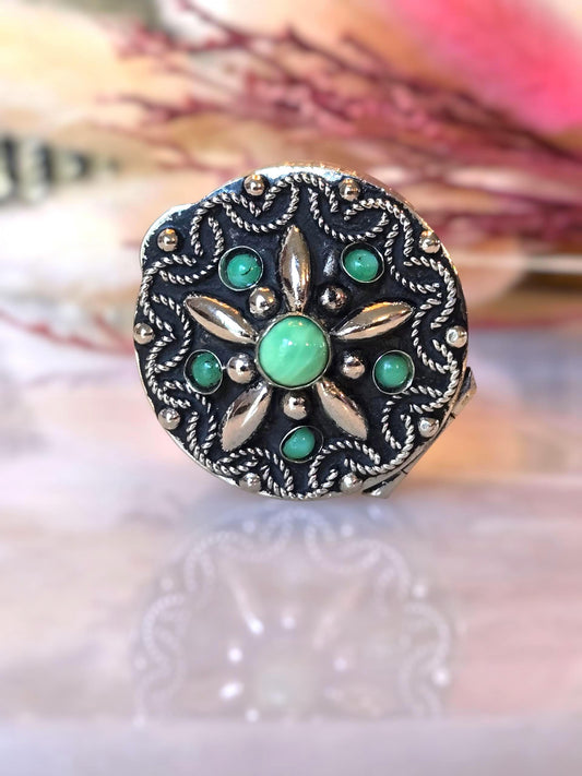 Vintage Italian Green Gemstone Silver Trinket Box - Keepsake Jewelry Box