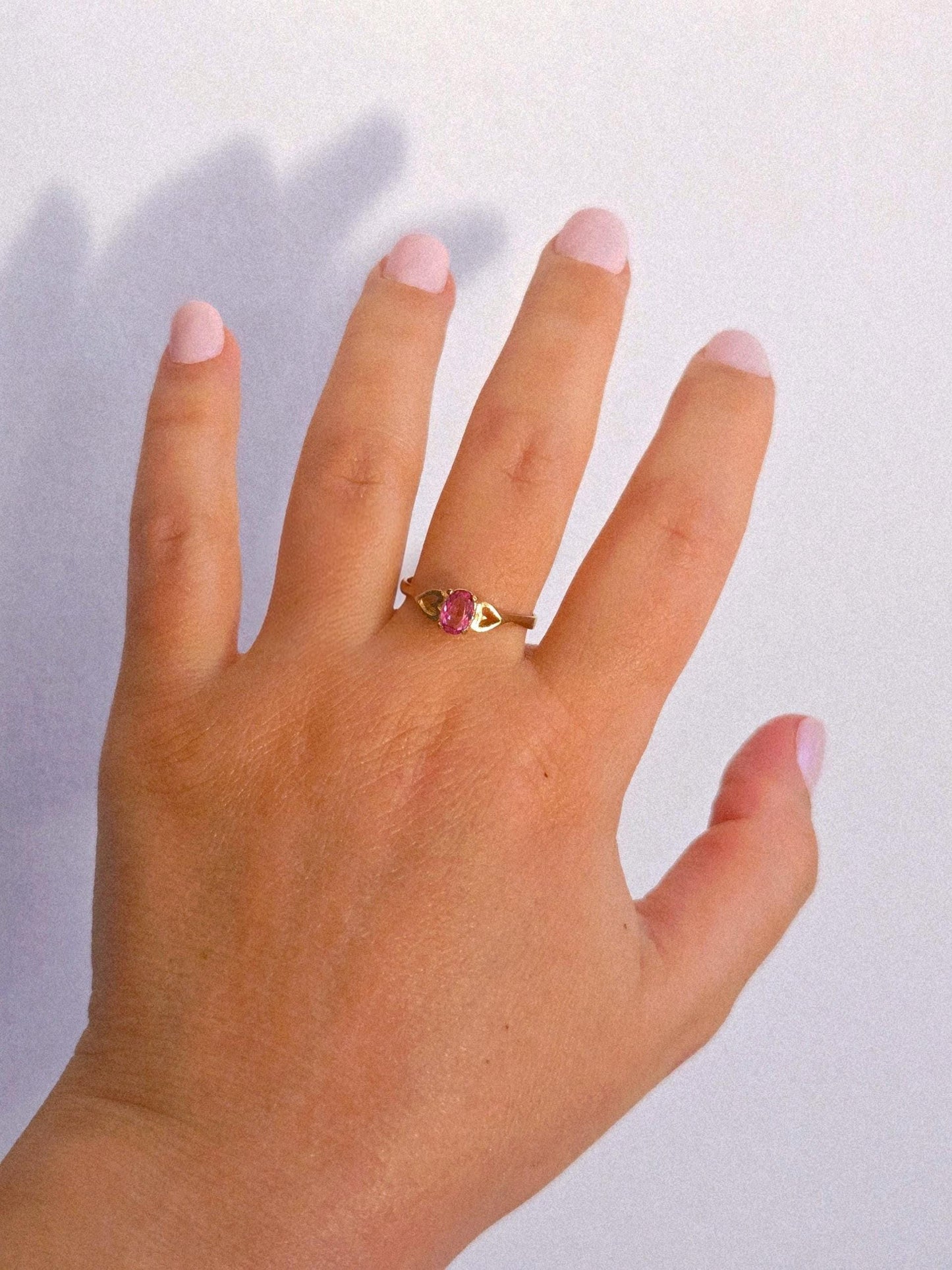 10k Gold Pink Gemstone Ring with Heart Accent - Size 7.75