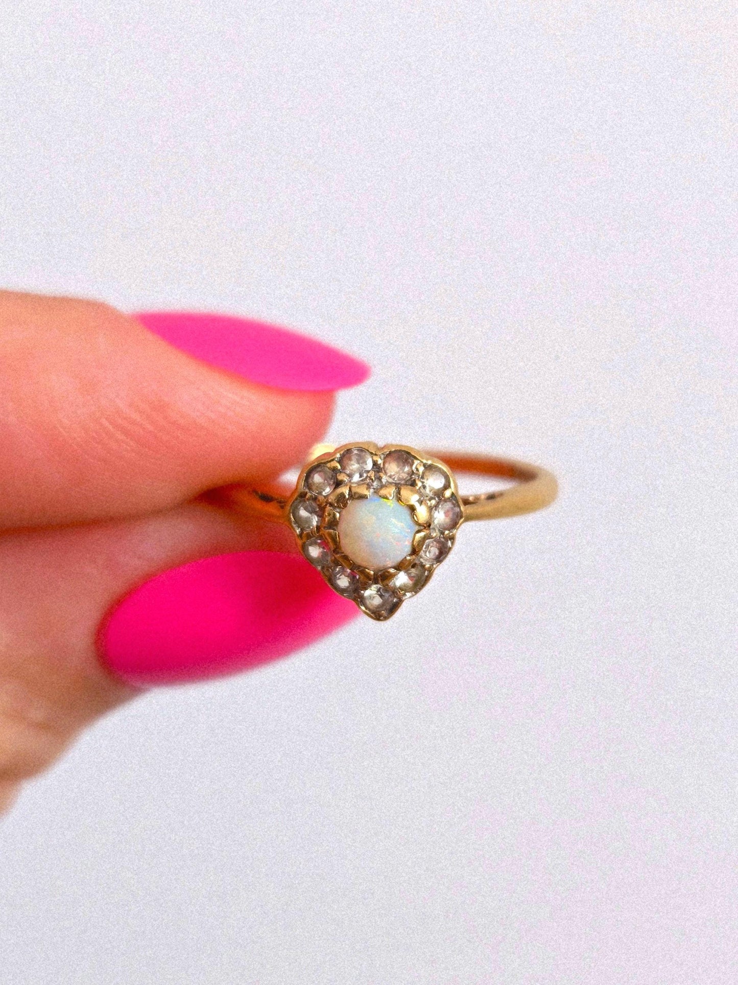 Antique 1893 9k Gold Victorian Opal & Diamond Heart Shaped Ring - Size 7.5, British Hallmarks