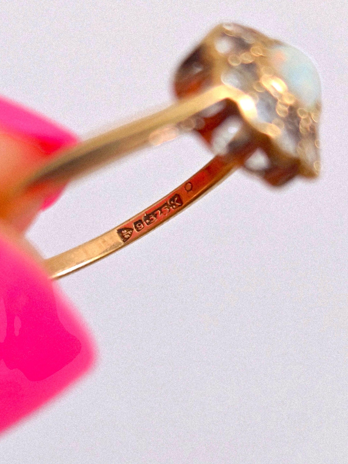 Antique 1893 9k Gold Victorian Opal & Diamond Heart Shaped Ring - Size 7.5, British Hallmarks