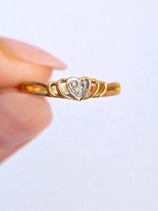 Vintage 10k Gold Open Heart Ring with Diamond - Size 6