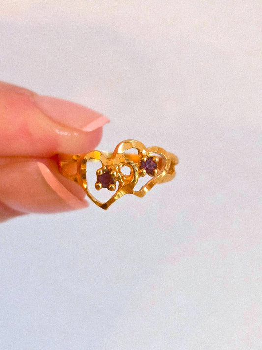 Vintage 10k Gold Heart Ring with Purple Stone Accent - Size 7