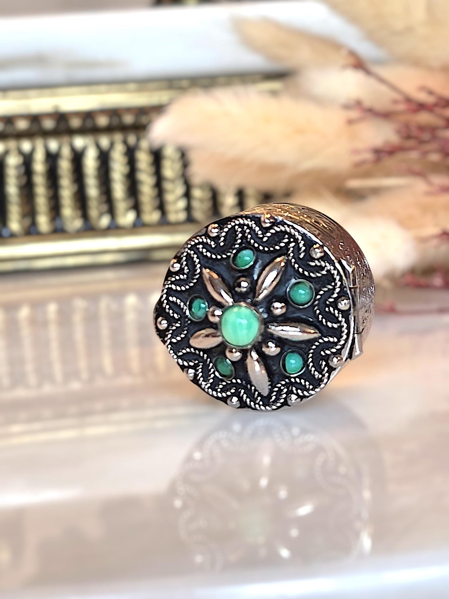 Vintage Italian Green Gemstone Silver Trinket Box - Keepsake Jewelry Box