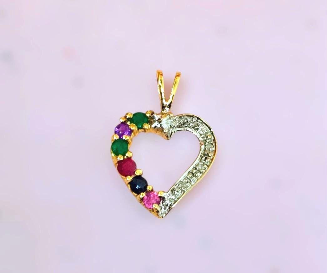Vintage 10k Gold Heart Pendant Charm with Multi-Colored Stones & Diamonds