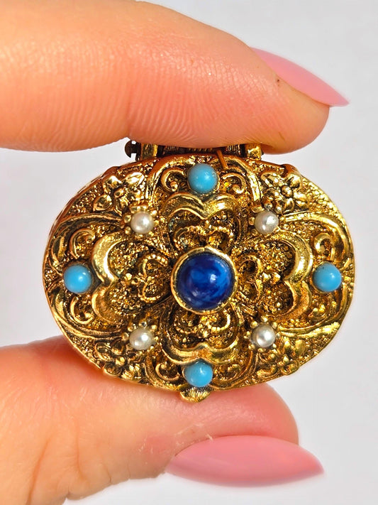 Vintage Ornate Brass Cabochon Trinket Box - Keepsake Jewelry Box