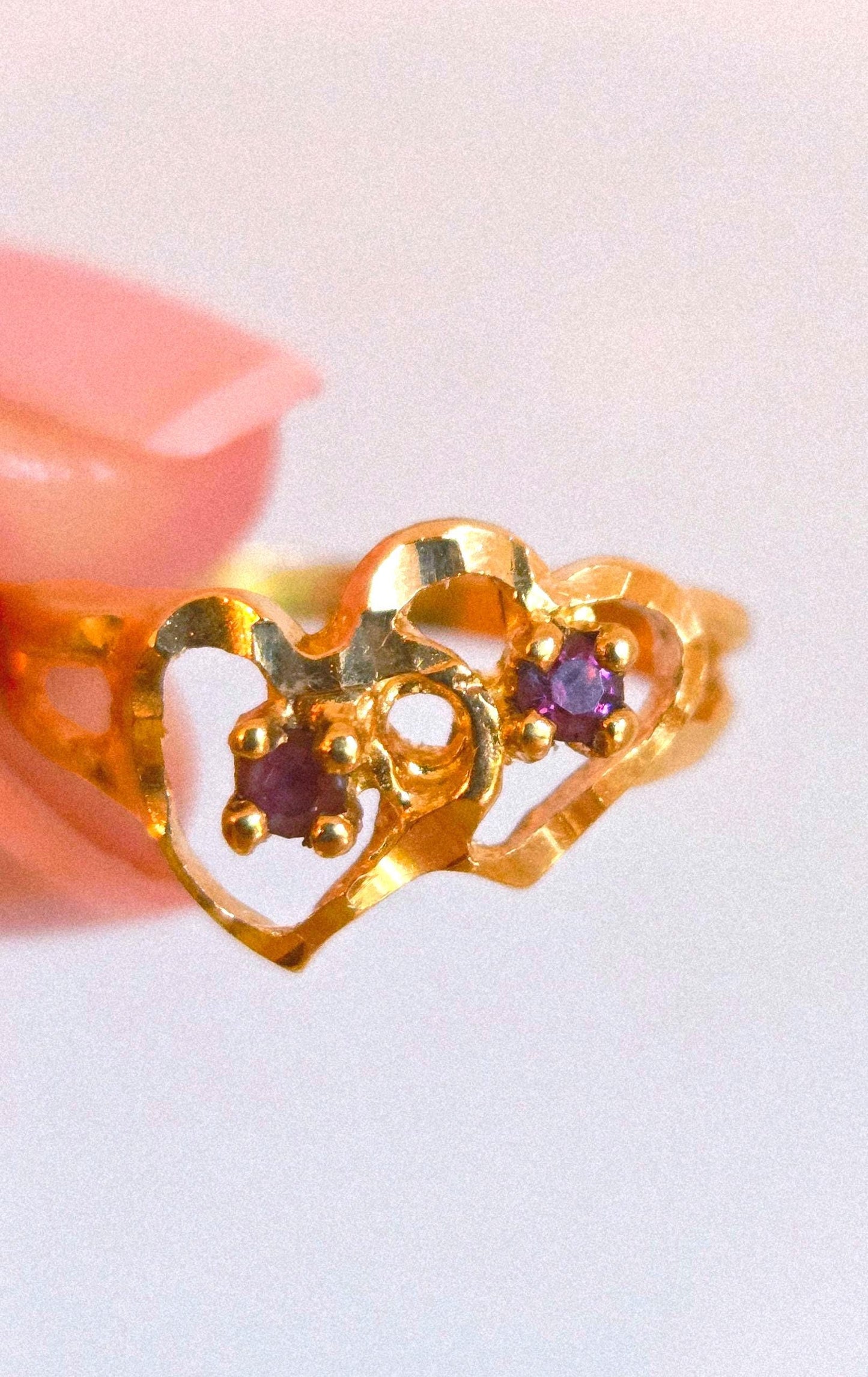 Vintage 10k Gold Heart Ring with Purple Stone Accent - Size 7