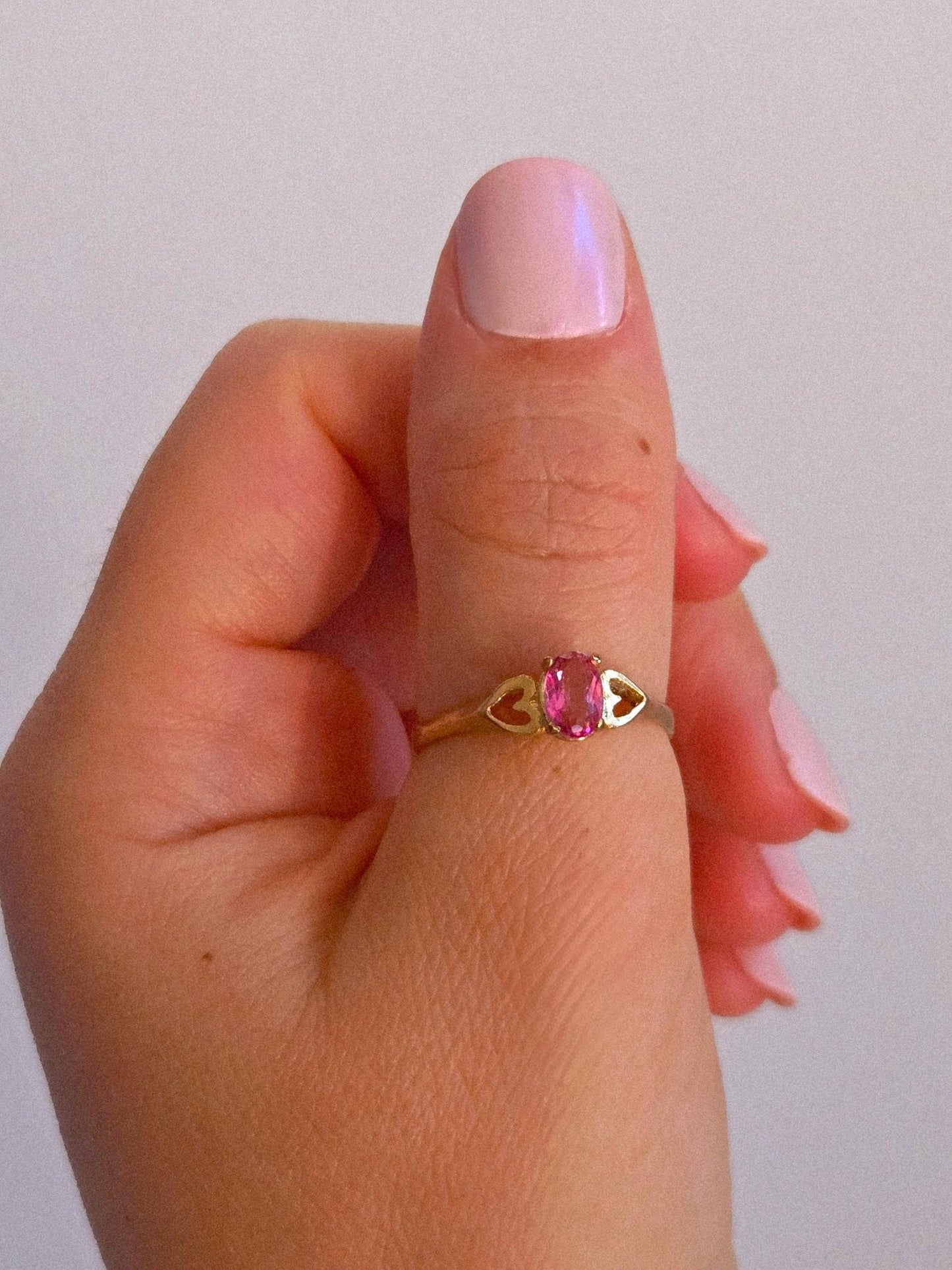 10k Gold Pink Gemstone Ring with Heart Accent - Size 7.75