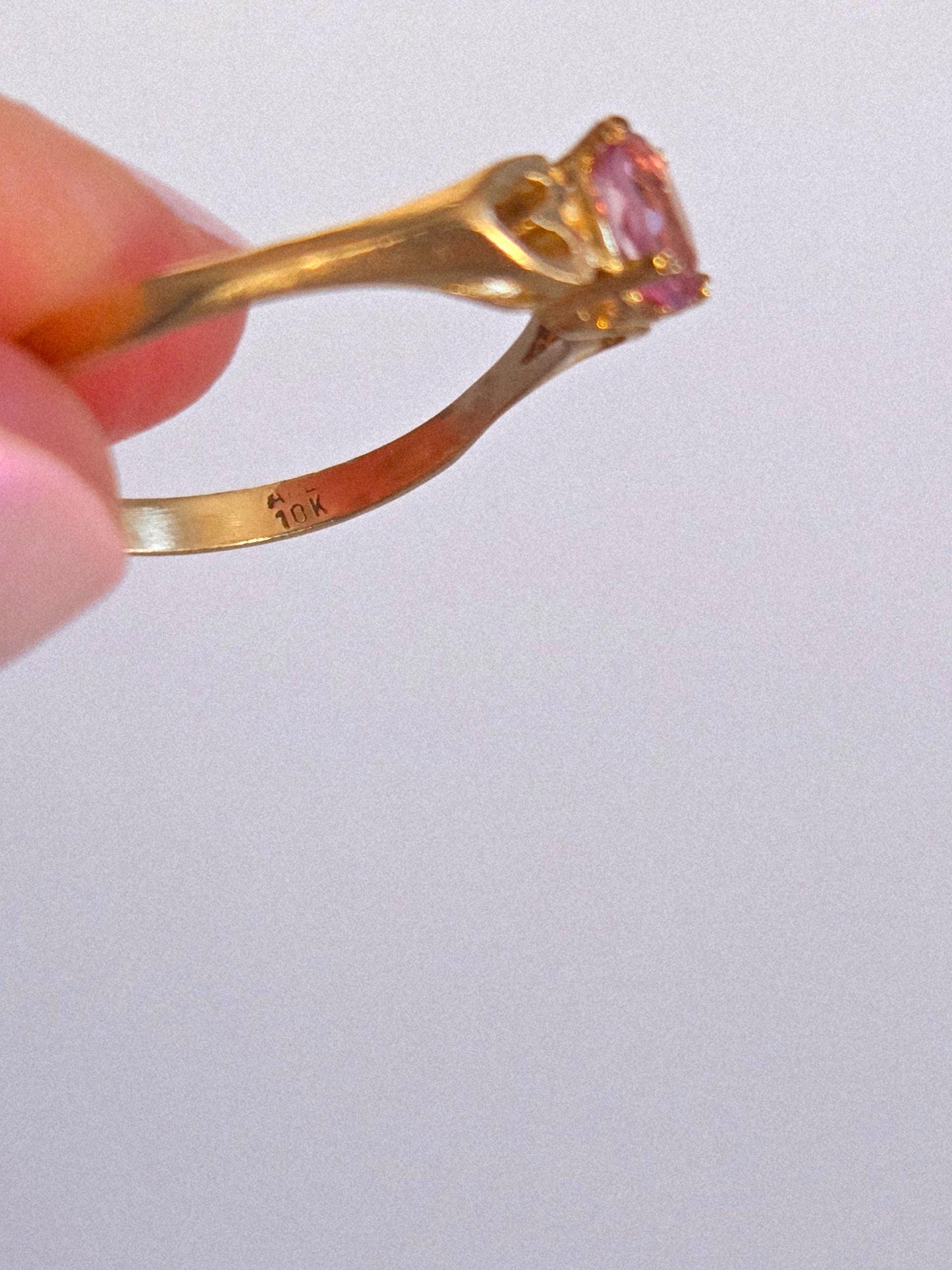10k Gold Pink Gemstone Ring with Heart Accent - Size 7.75
