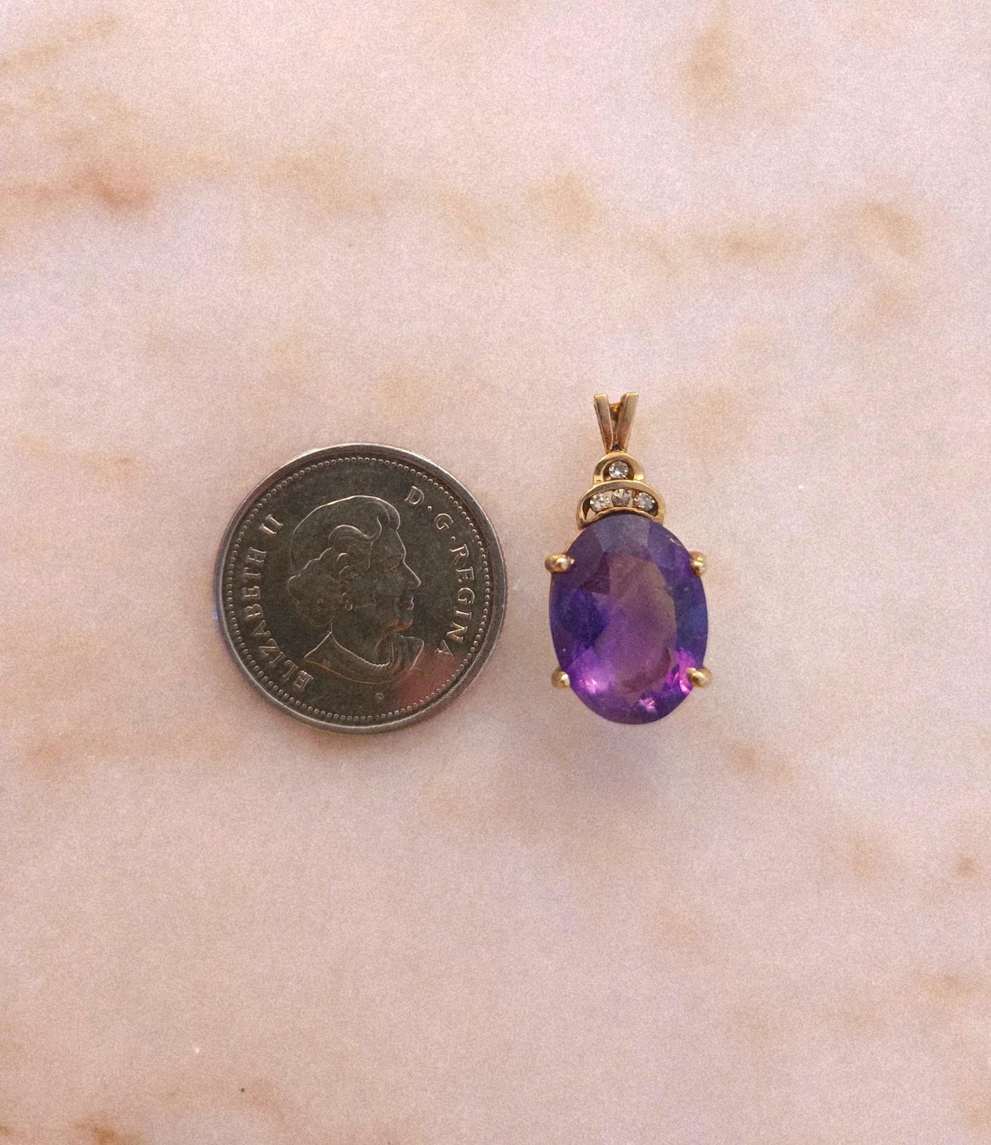 Vintage 10k Gold 1950s Oval Amethyst Pendant with Diamonds