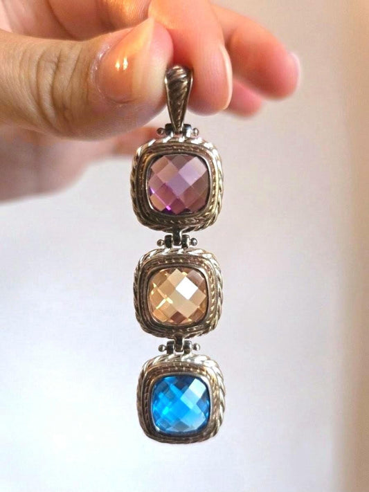 Vintage sterling silver 925 pendant with natural amethyst citrine and blue topaz gemstones