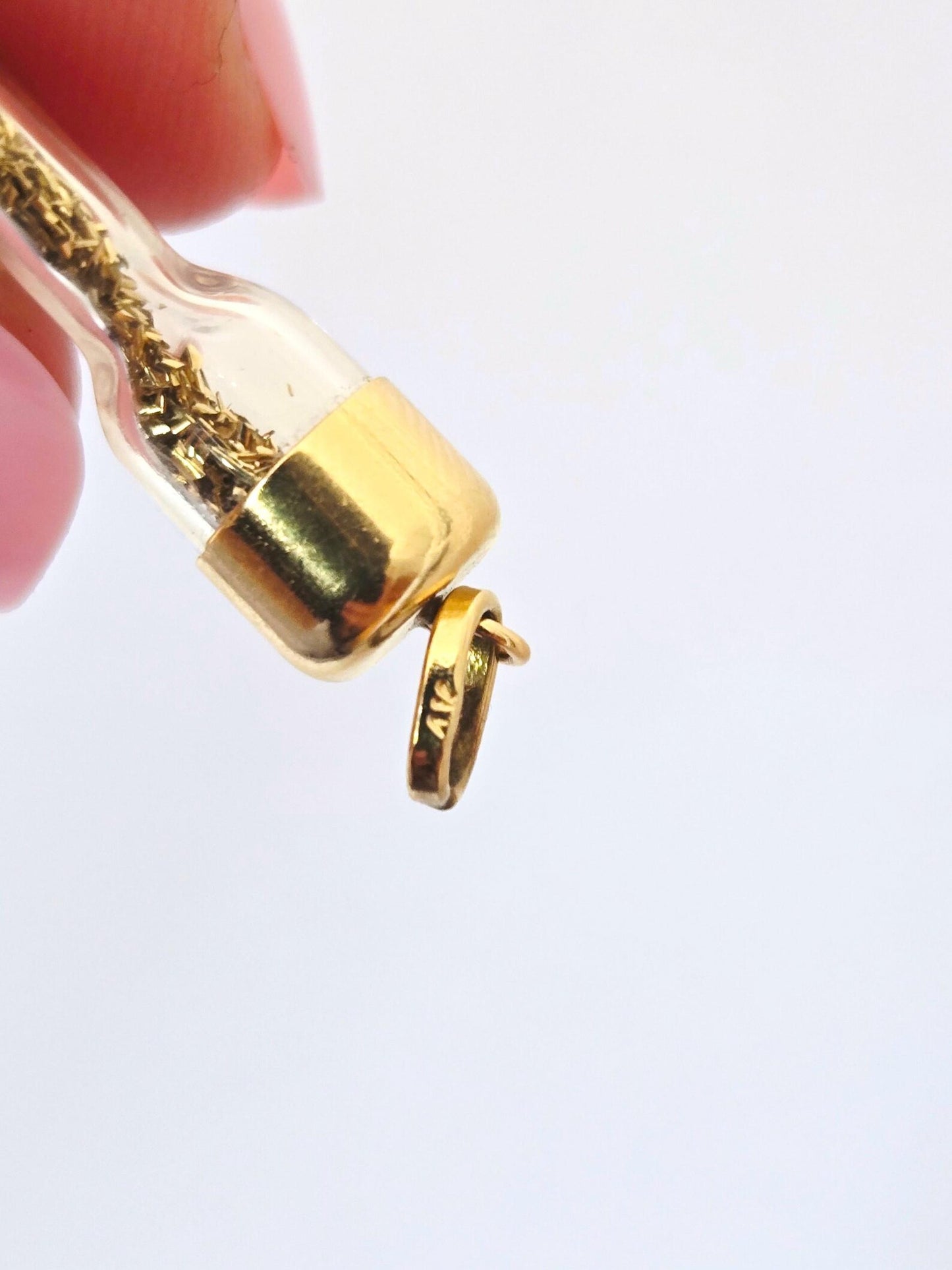 Vintage 14k Gold Glass Bottle Pendant With Gold Shavings - Estate Jewelry